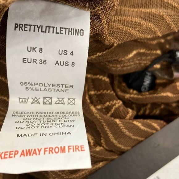 NWT PrettyLittleThing 4 Sheer/Gold Brown Texture Mesh Cut Out Lng Sleve Bodysuit - Picture 5 of 12